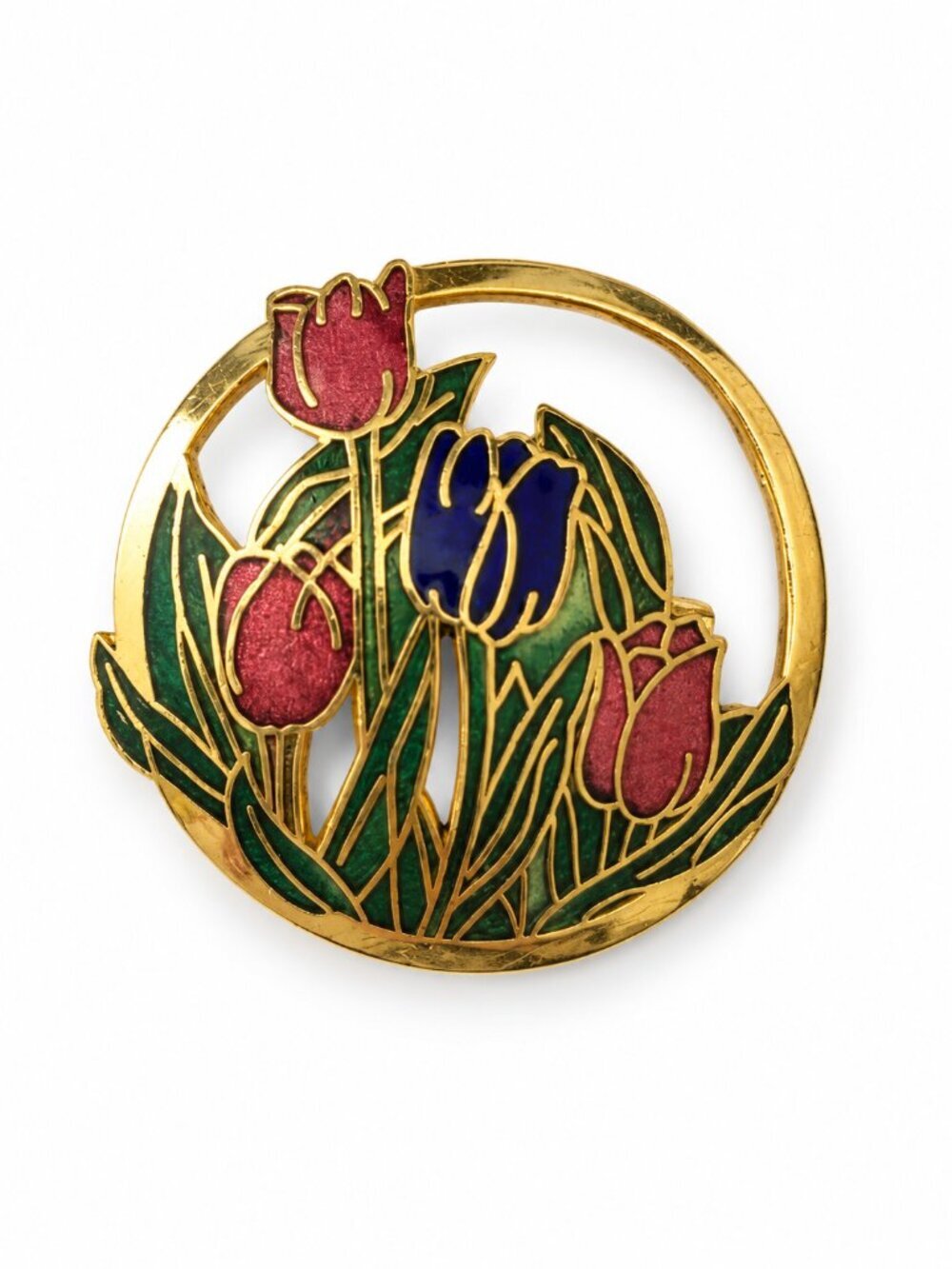 Vintage Behave Tulips Round Brooch Pin Pink Enamel & Gold Tone Openwork 1.5" D